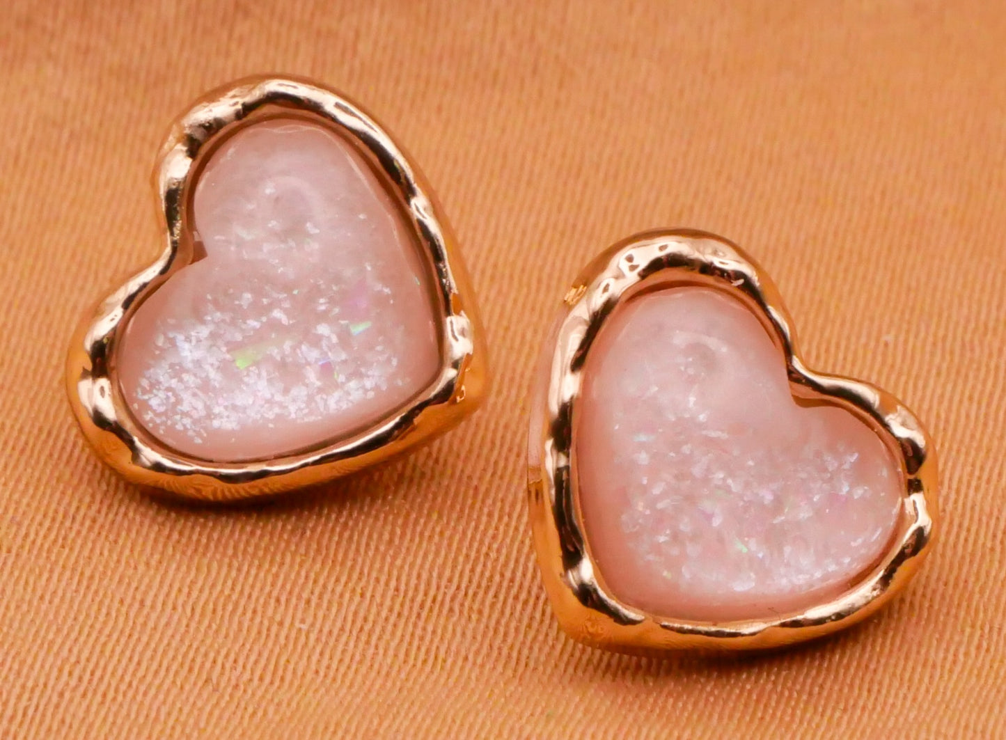 Heart Pink Pearlized Plastic Gold Metal Pair of Buttons 10x12mm