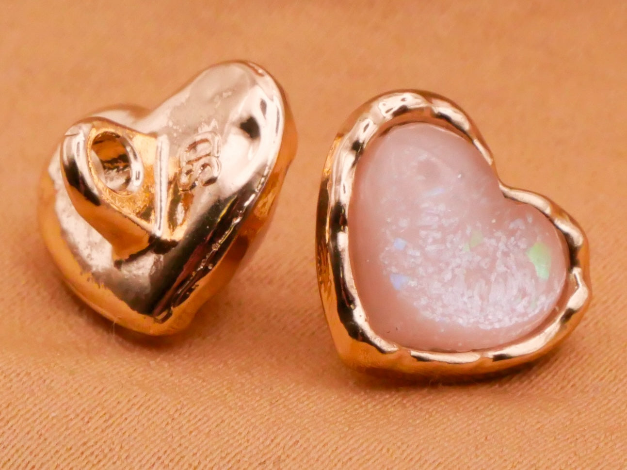 Heart Pink Pearlized Plastic Gold Metal Pair of Buttons 10x12mm