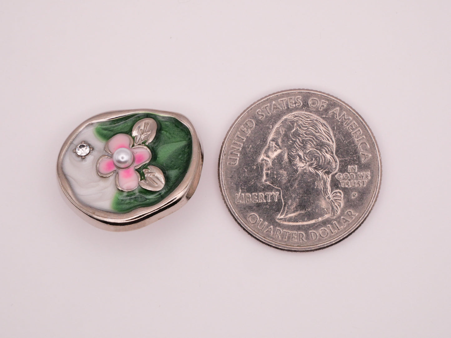 Pink Flower Rhinestone White Green Enamel Silver Metal Button 19x22mm