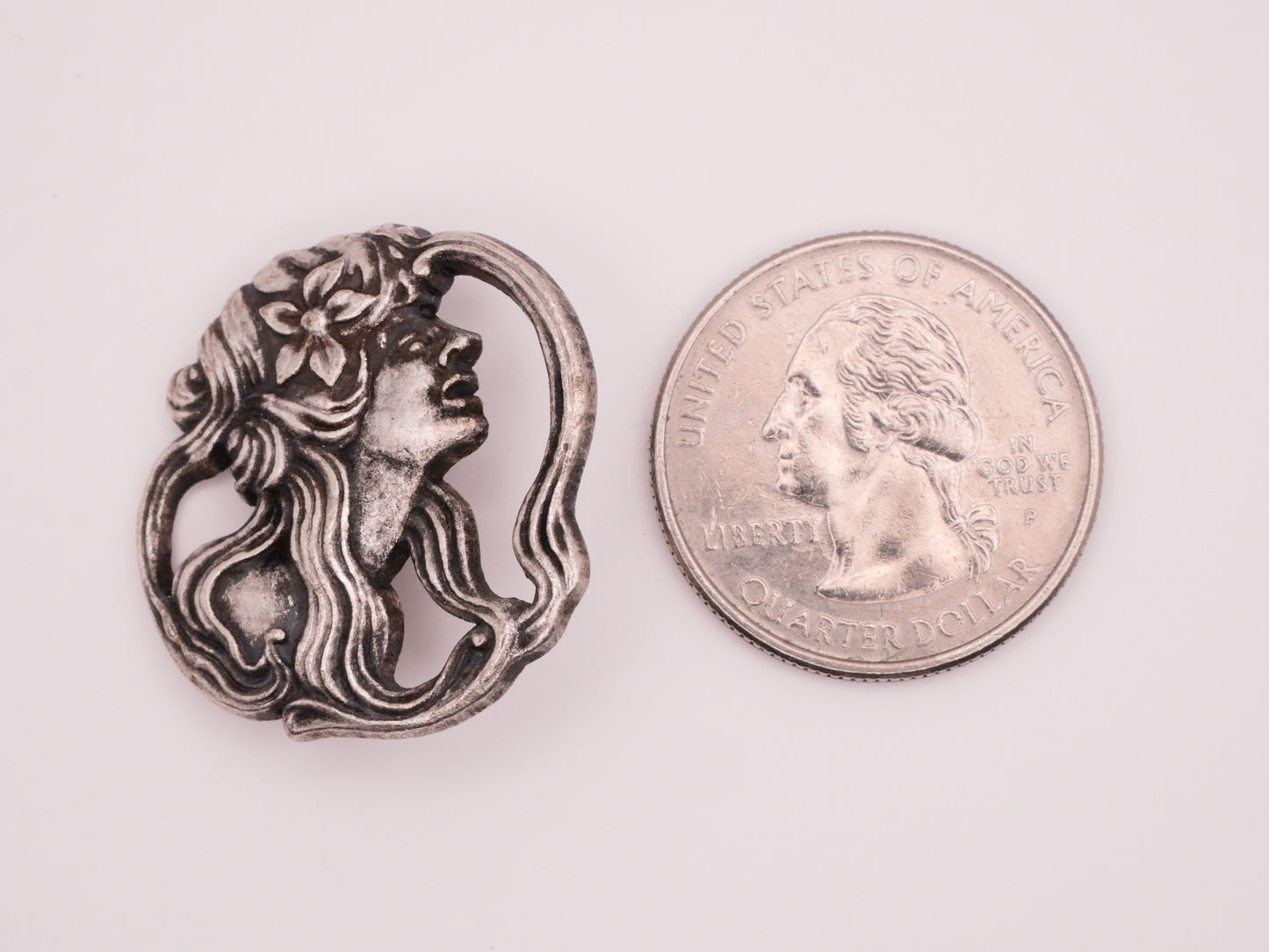 Woman Lady Art Nouveau Pewter Look Silver Metal Button 27x28mm