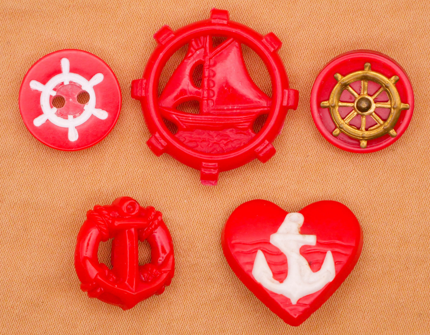 Nautical Red Vintage Plastic Anchor Wheel Sail Boat Heart Button Various 15-25mm