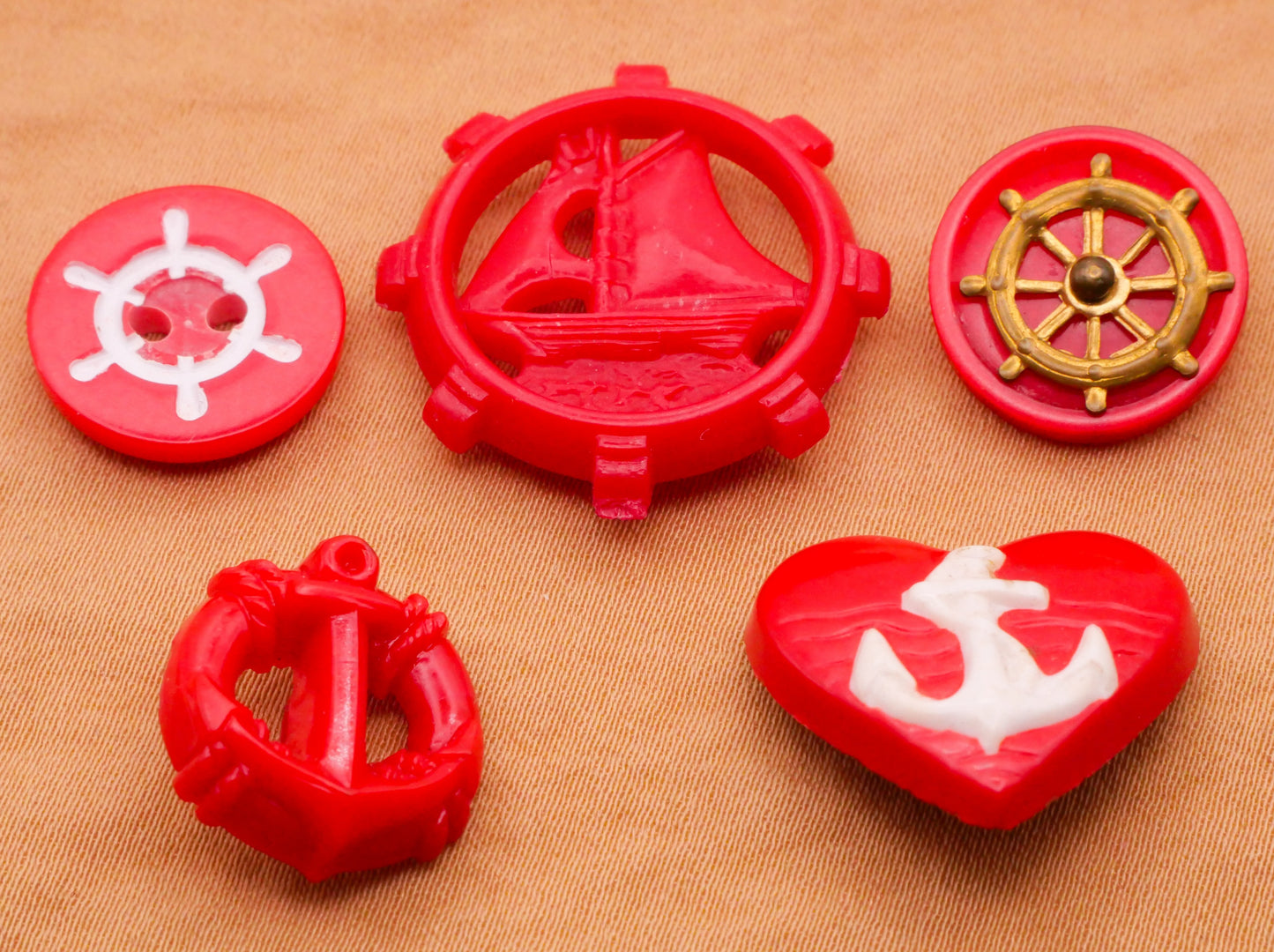 Nautical Red Vintage Plastic Anchor Wheel Sail Boat Heart Button Various 15-25mm