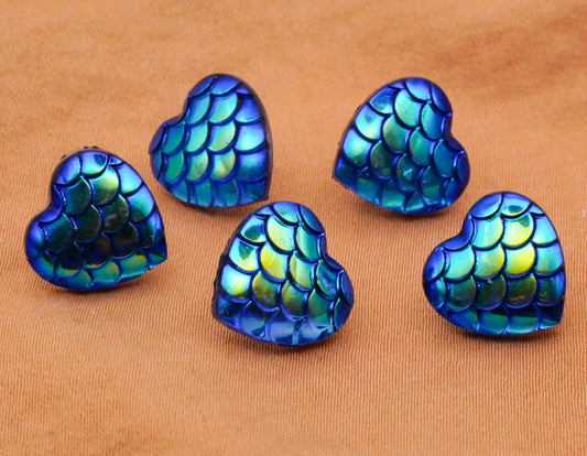 Heart Mermaid Scales Design Blue Green Iridescent Plastic Set of Five Buttons 12mm