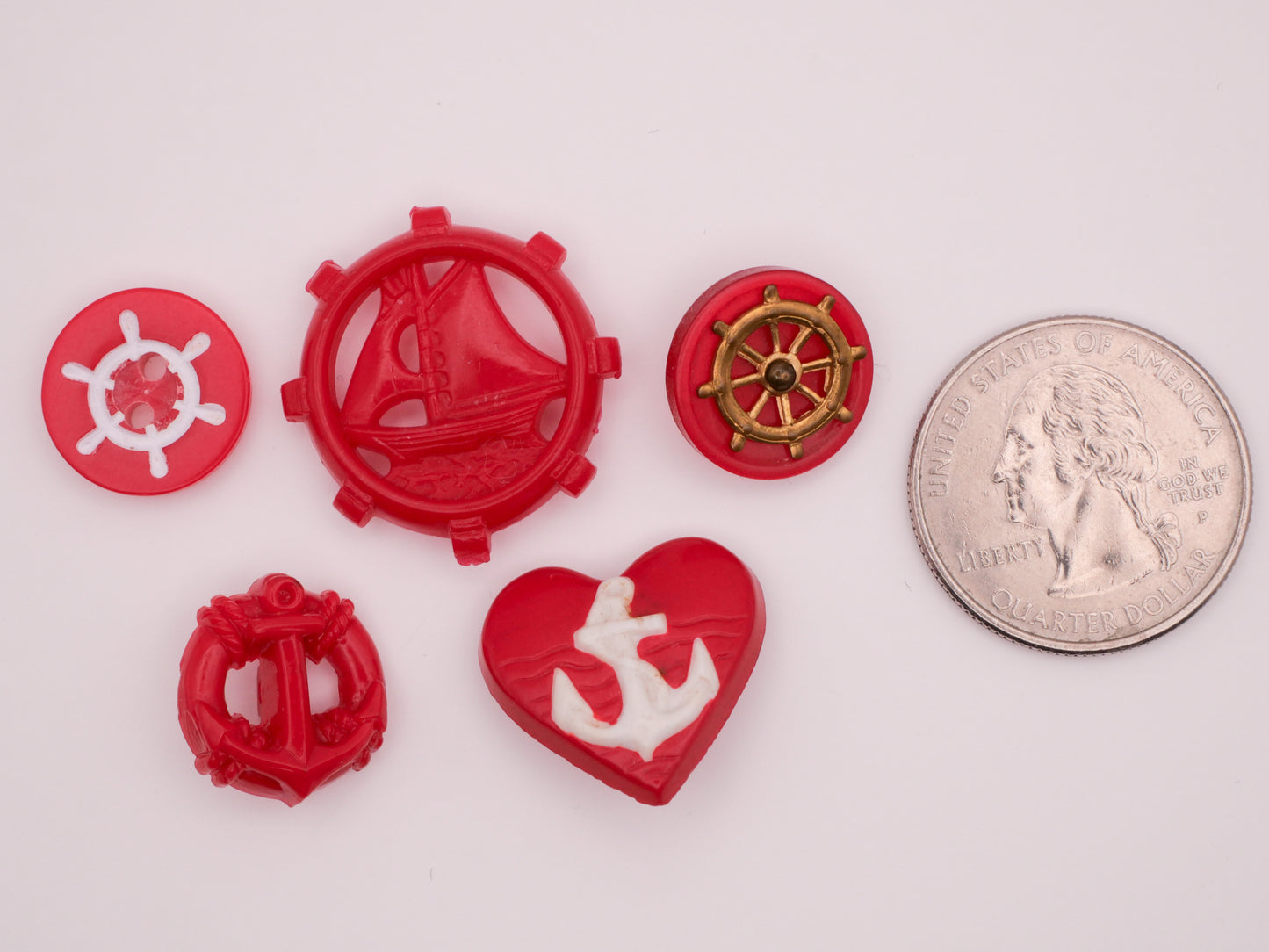 Nautical Red Vintage Plastic Anchor Wheel Sail Boat Heart Button Various 15-25mm