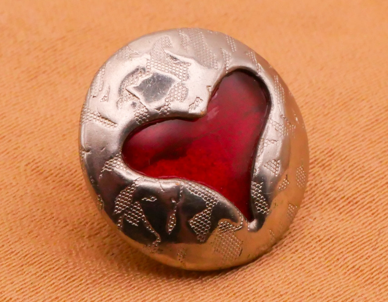 Heart Red Celluloid Hammered Metal Vintage Button 15mm