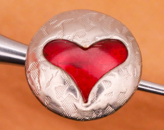 Heart Red Celluloid Hammered Metal Vintage Button 15mm