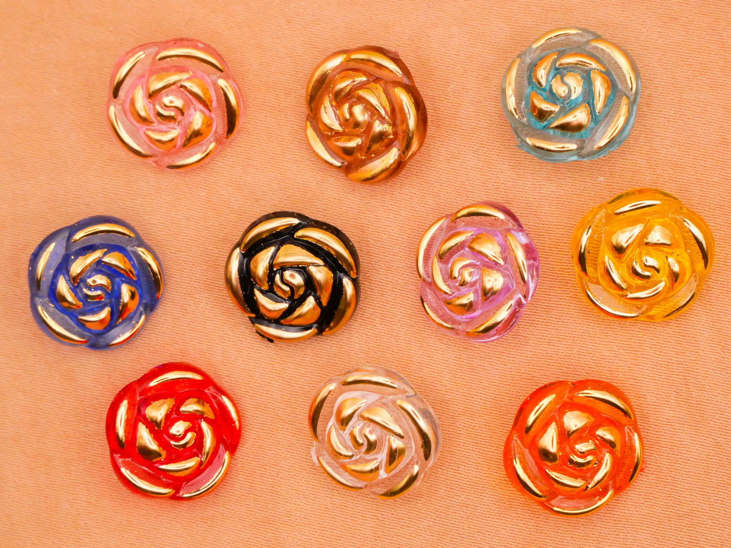 Rose Colorful Gold Edge Plastic Set of Ten Buttons 13mm