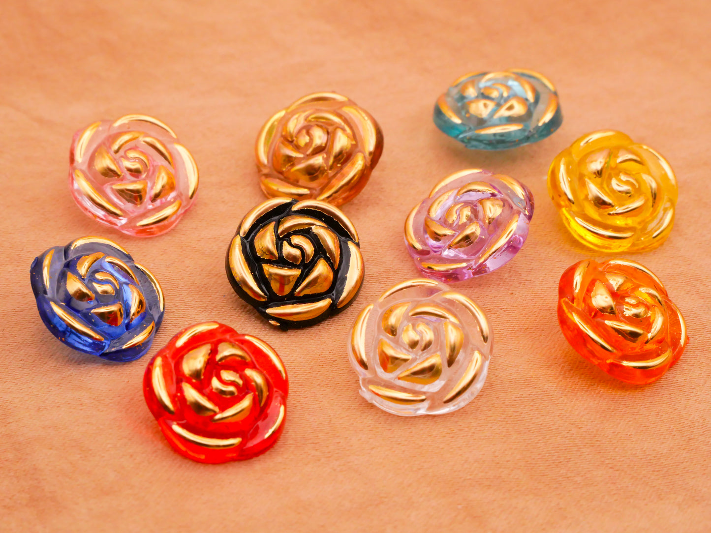 Rose Colorful Gold Edge Plastic Set of Ten Buttons 13mm