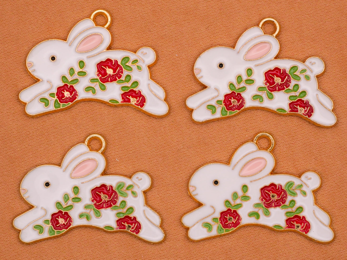 Bunny Rabbit Red Rose Enamel Metal Set of Four Charms Embellishments 19x27mm