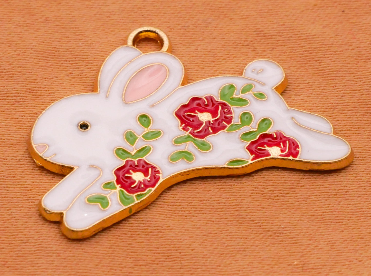 Bunny Rabbit Red Rose Enamel Metal Set of Four Charms Embellishments 19x27mm