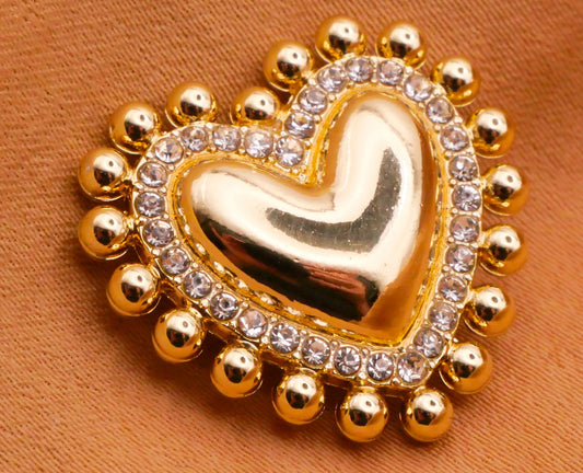 Heart Rhinestone Bead Shiny Gold Metal Button 20x22mm