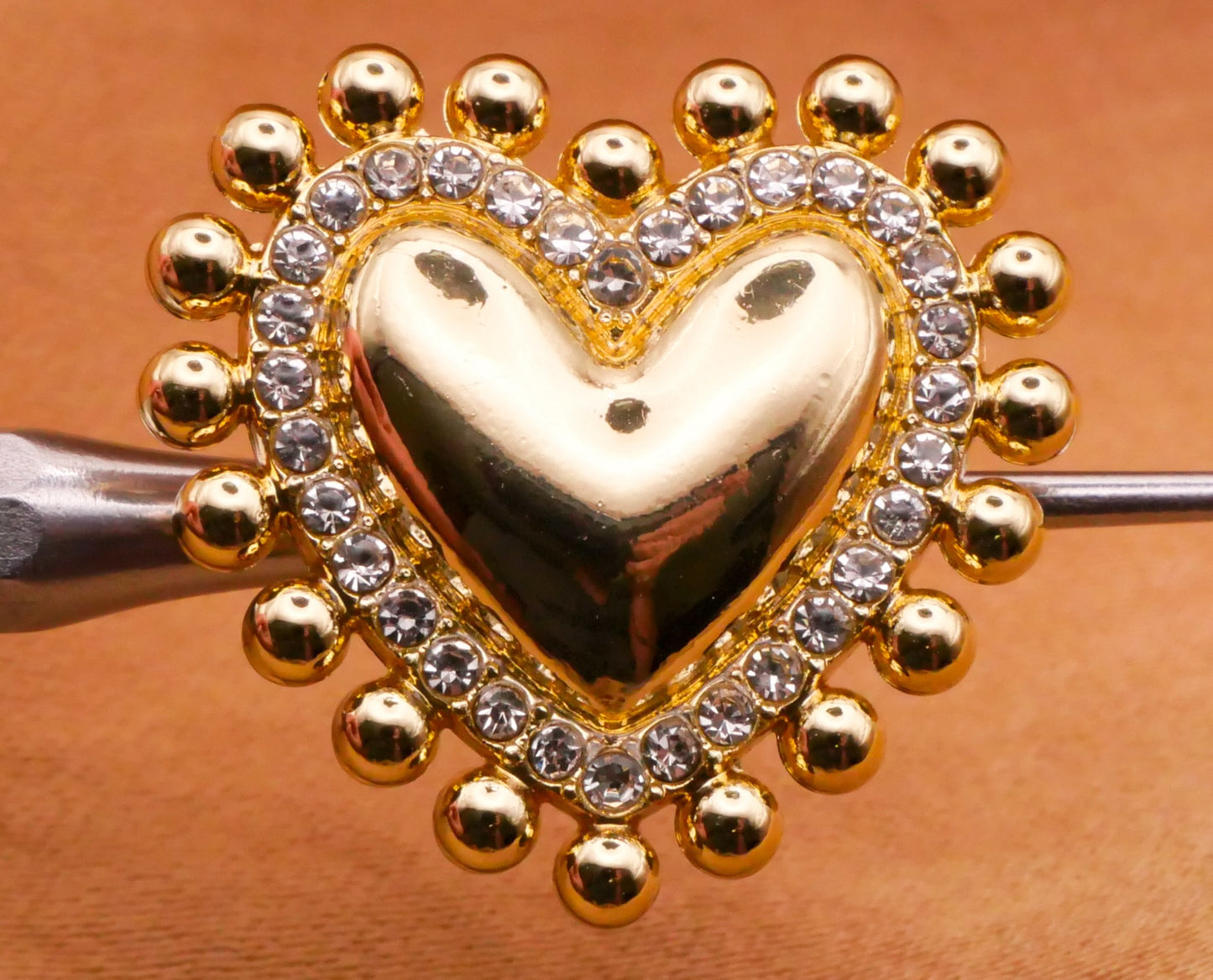 Heart Rhinestone Bead Shiny Gold Metal Button 20x22mm