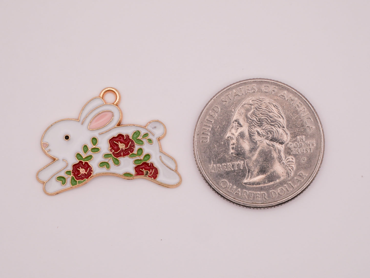 Bunny Rabbit Red Rose Enamel Metal Set of Four Charms Embellishments 19x27mm