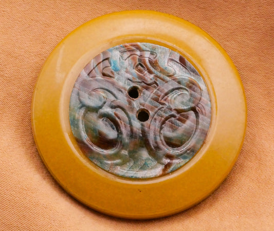 Filigree Medallion Blue Brown Large Celluloid Early Plastic Tight Top Button 38mm