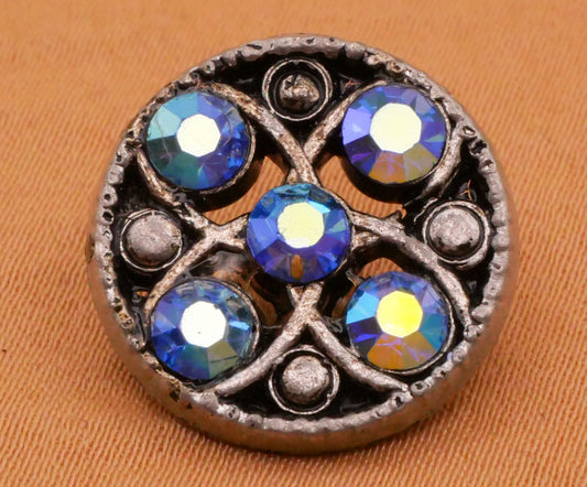 Clover Blue Iridescent Rhinestone Silver Metal Antique Button 17mm
