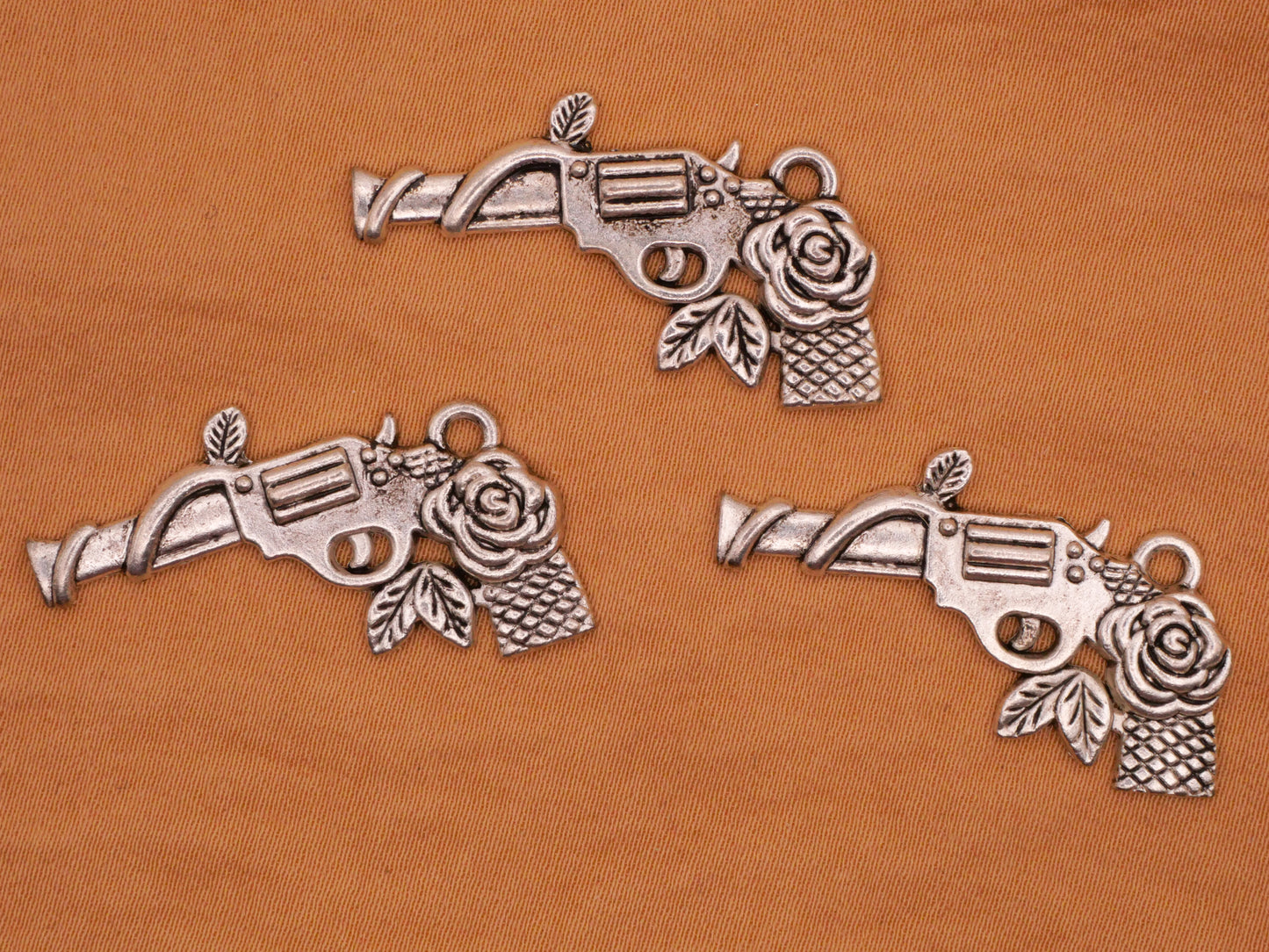 Rose Pistol Gun Shaped Silver Metal Set of Three Charms Embellishments 18x31mm