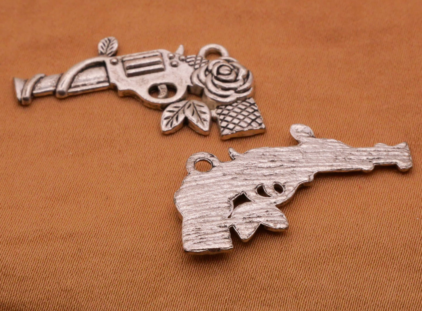 Rose Pistol Gun Shaped Silver Metal Set of Three Charms Embellishments 18x31mm