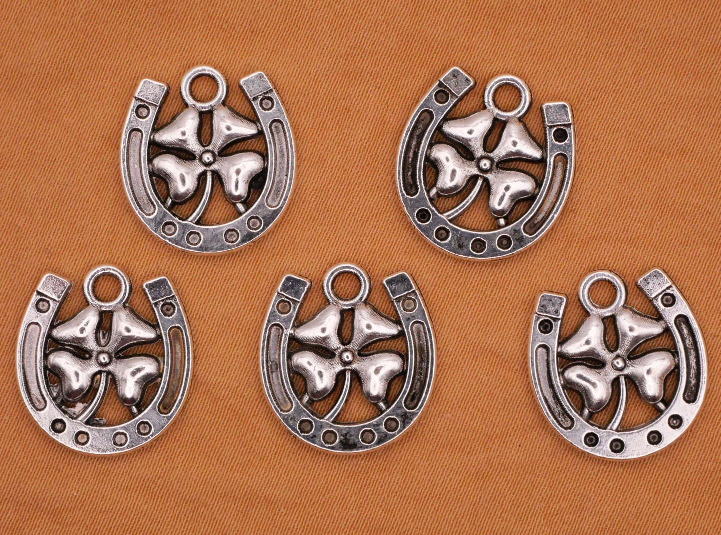 Shamrock Clover Horseshoe Silver Metal Set of Five Charms Embellishments 15x16mm