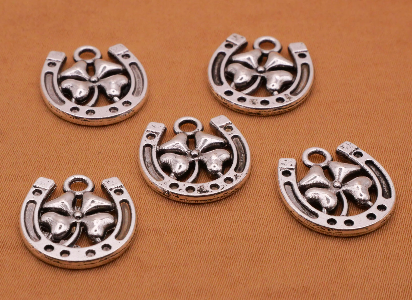 Shamrock Clover Horseshoe Silver Metal Set of Five Charms Embellishments 15x16mm