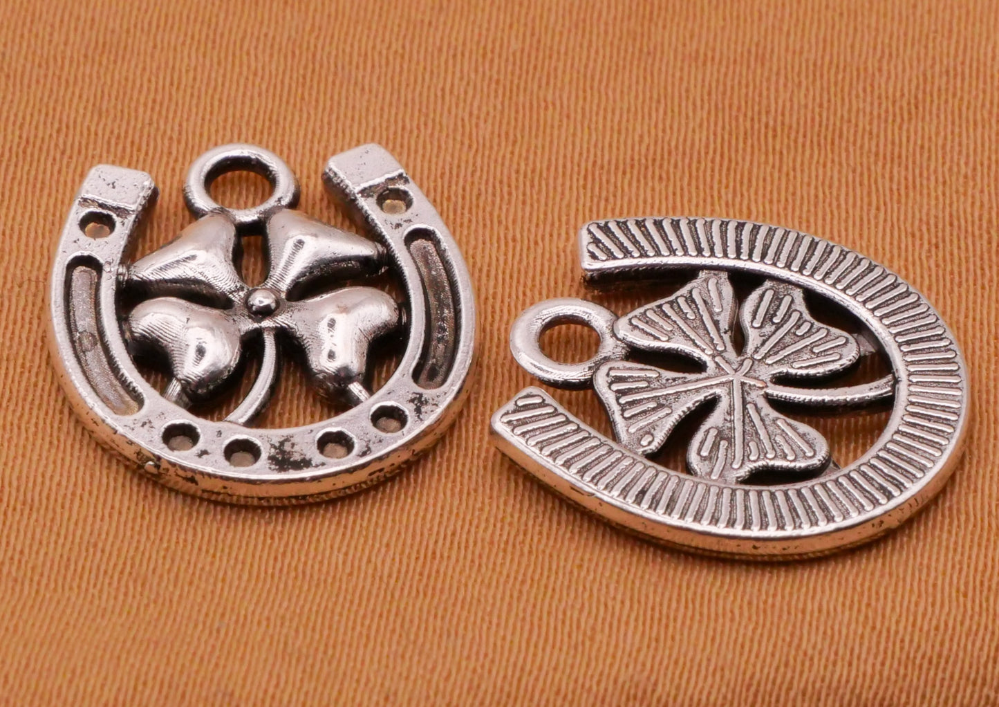 Shamrock Clover Horseshoe Silver Metal Set of Five Charms Embellishments 15x16mm