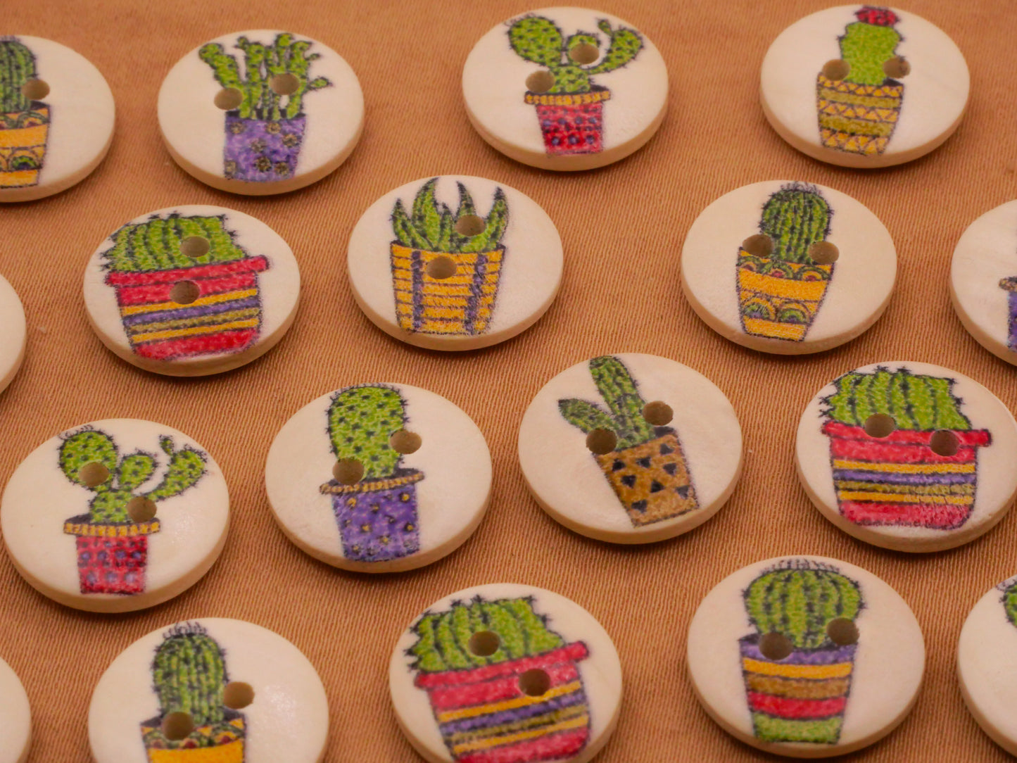 Cactus House Plant Wood Assorted Set of Twenty Buttons 15mm