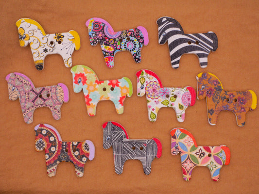 Horse Colorful Pattern Wood Set of Ten Buttons 25x28mm
