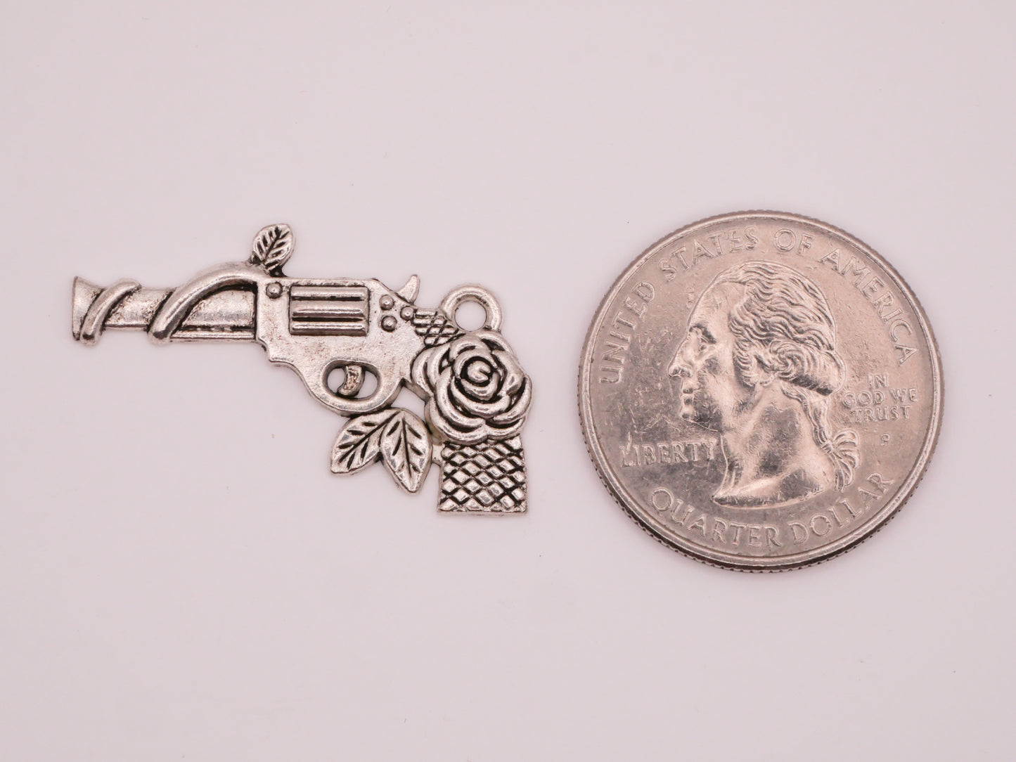 Rose Pistol Gun Shaped Silver Metal Set of Three Charms Embellishments 18x31mm