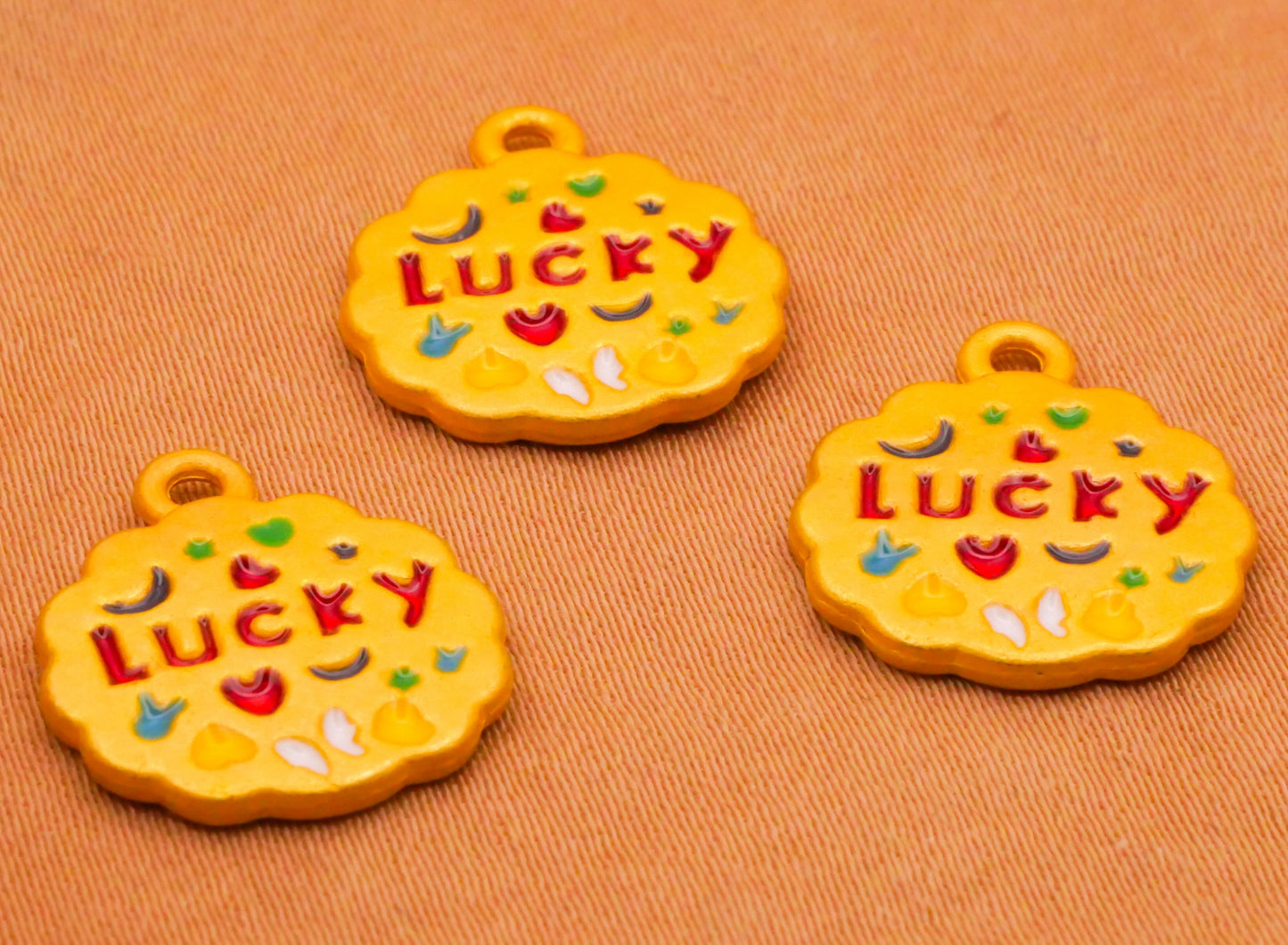 Lucky Charm Gold Metal Verbal Enamel Set of Three Charms Embellishments 14x16mm