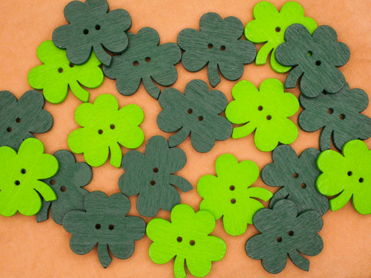 Shamrock Clover Two Shades Green Wood Set of Twenty Buttons 23x25mm