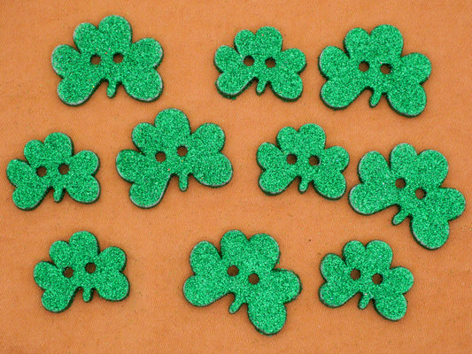 Shamrock Clover Green Glitter Plastic Set of Ten Buttons 14-21mm