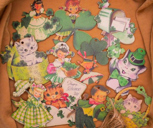 St Patricks Day Vintage Graphics Wood Set of Eleven Ornaments Decorations 52-78mm