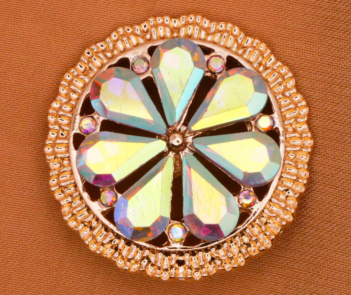 Flower Iridescent Glass Rhinestone Gold Metal Button 24mm