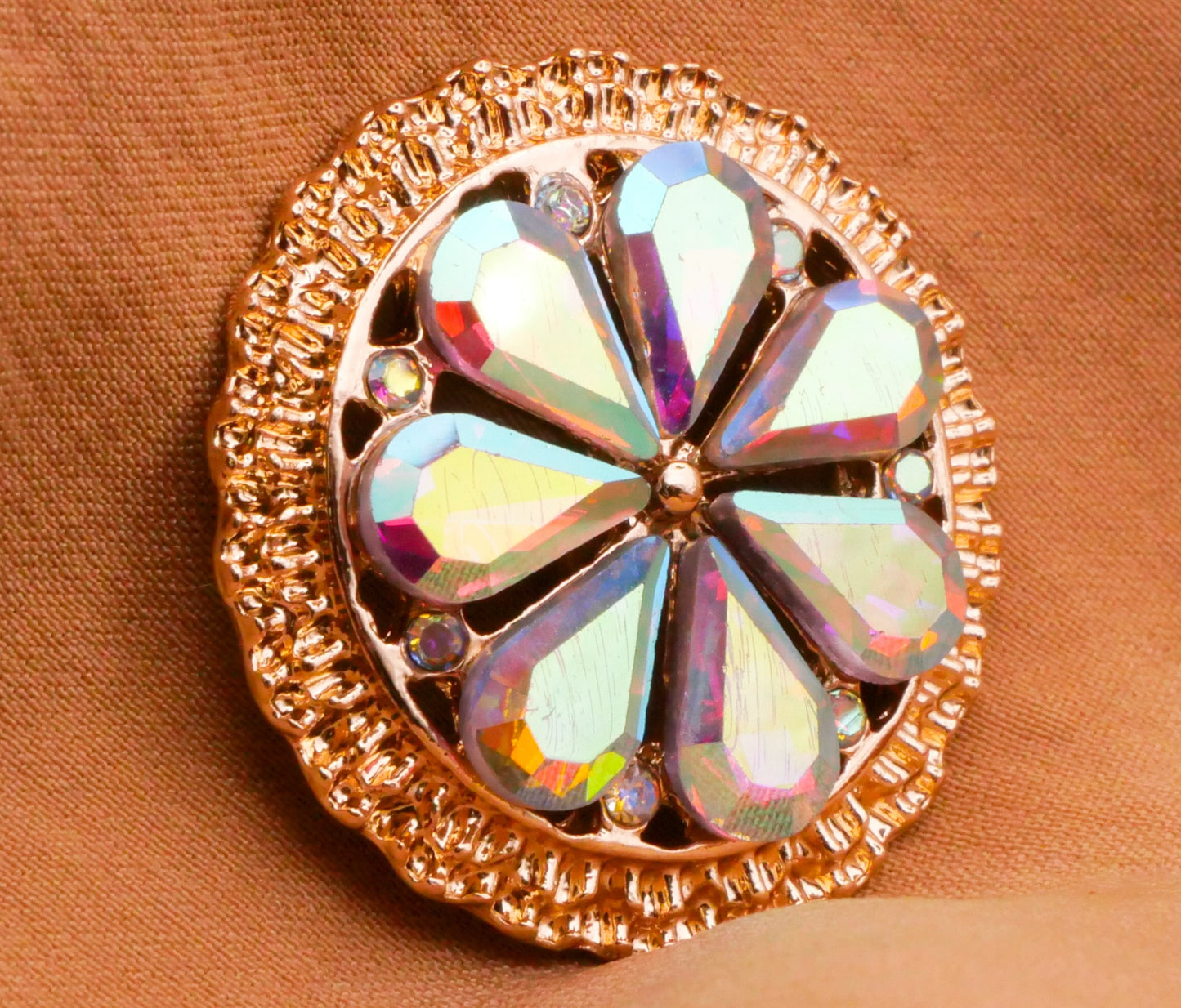 Flower Iridescent Glass Rhinestone Gold Metal Button 24mm