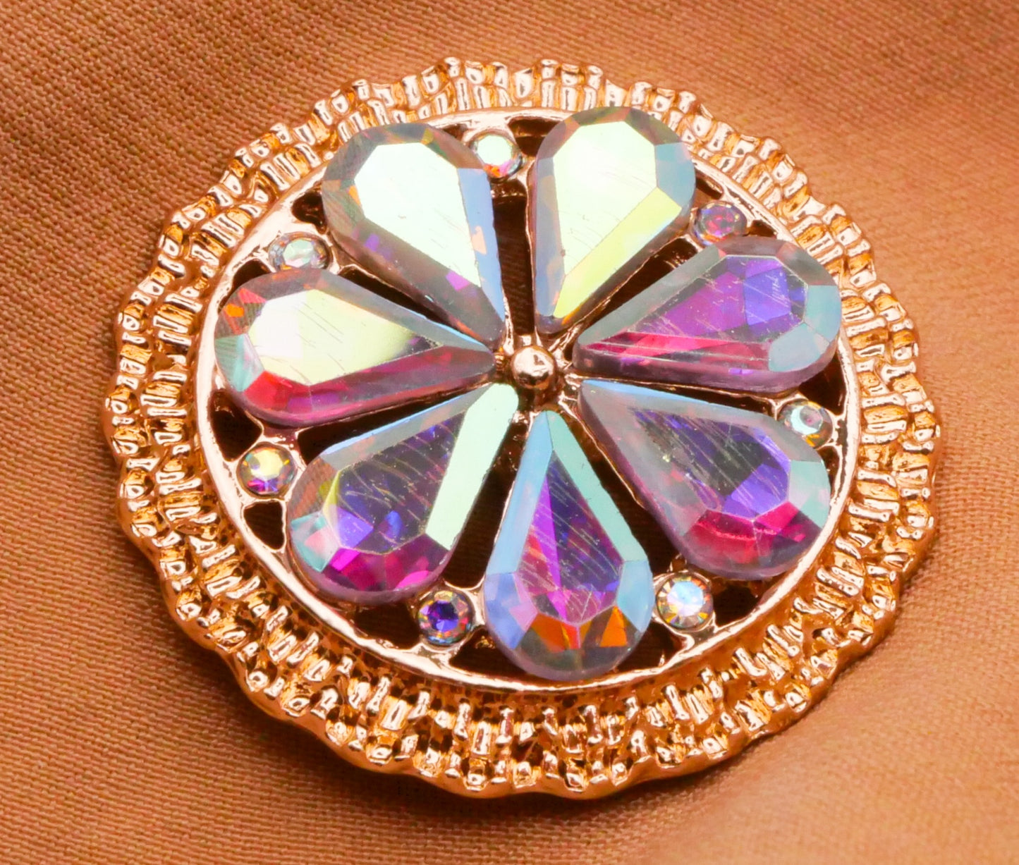 Flower Iridescent Glass Rhinestone Gold Metal Button 24mm