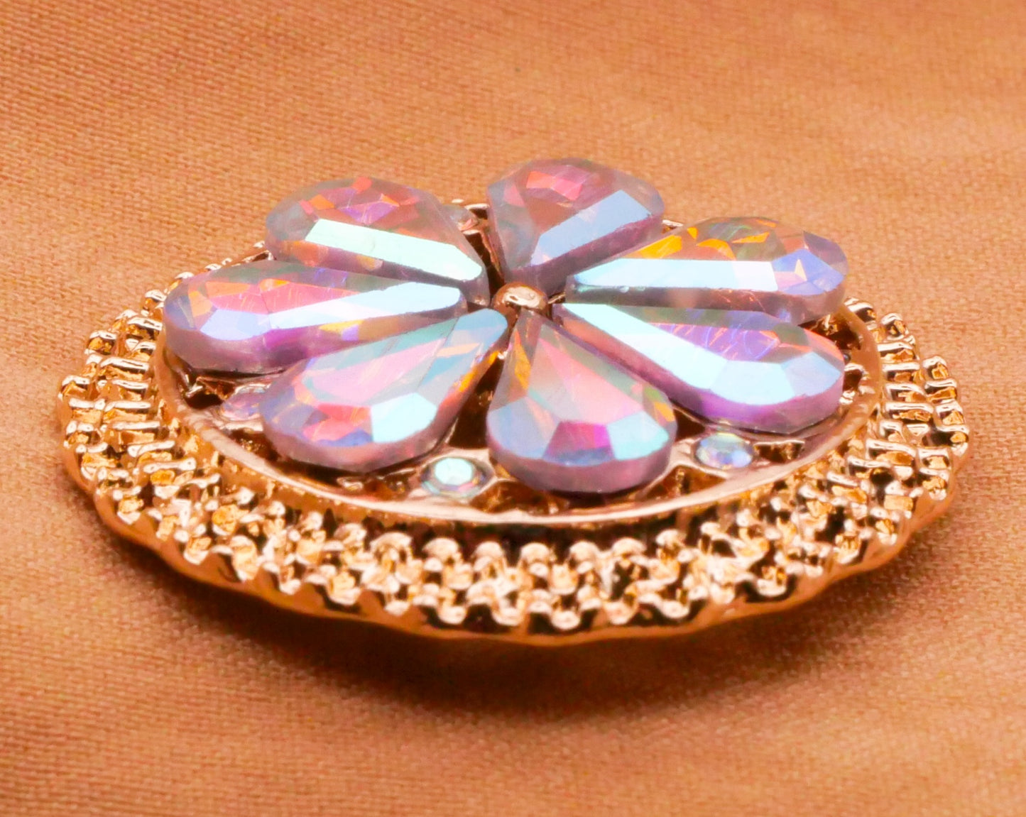 Flower Iridescent Glass Rhinestone Gold Metal Button 24mm