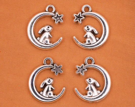 Bunny Rabbit Crescent Moon Silver Metal Set of Four Buttons 14x17mm