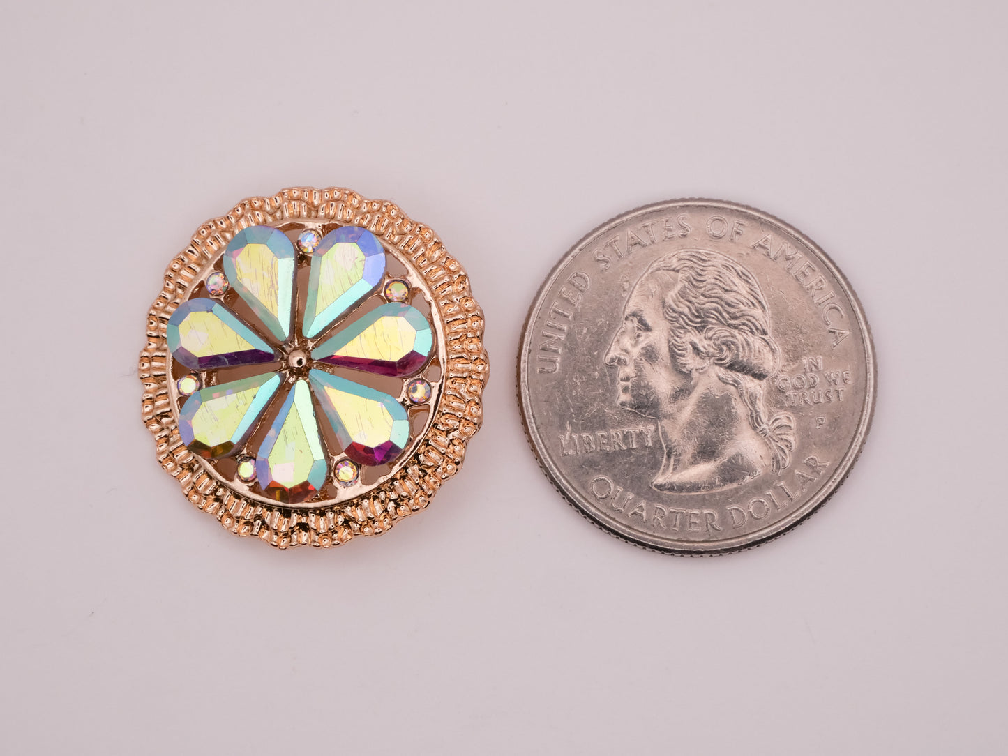 Flower Iridescent Glass Rhinestone Gold Metal Button 24mm