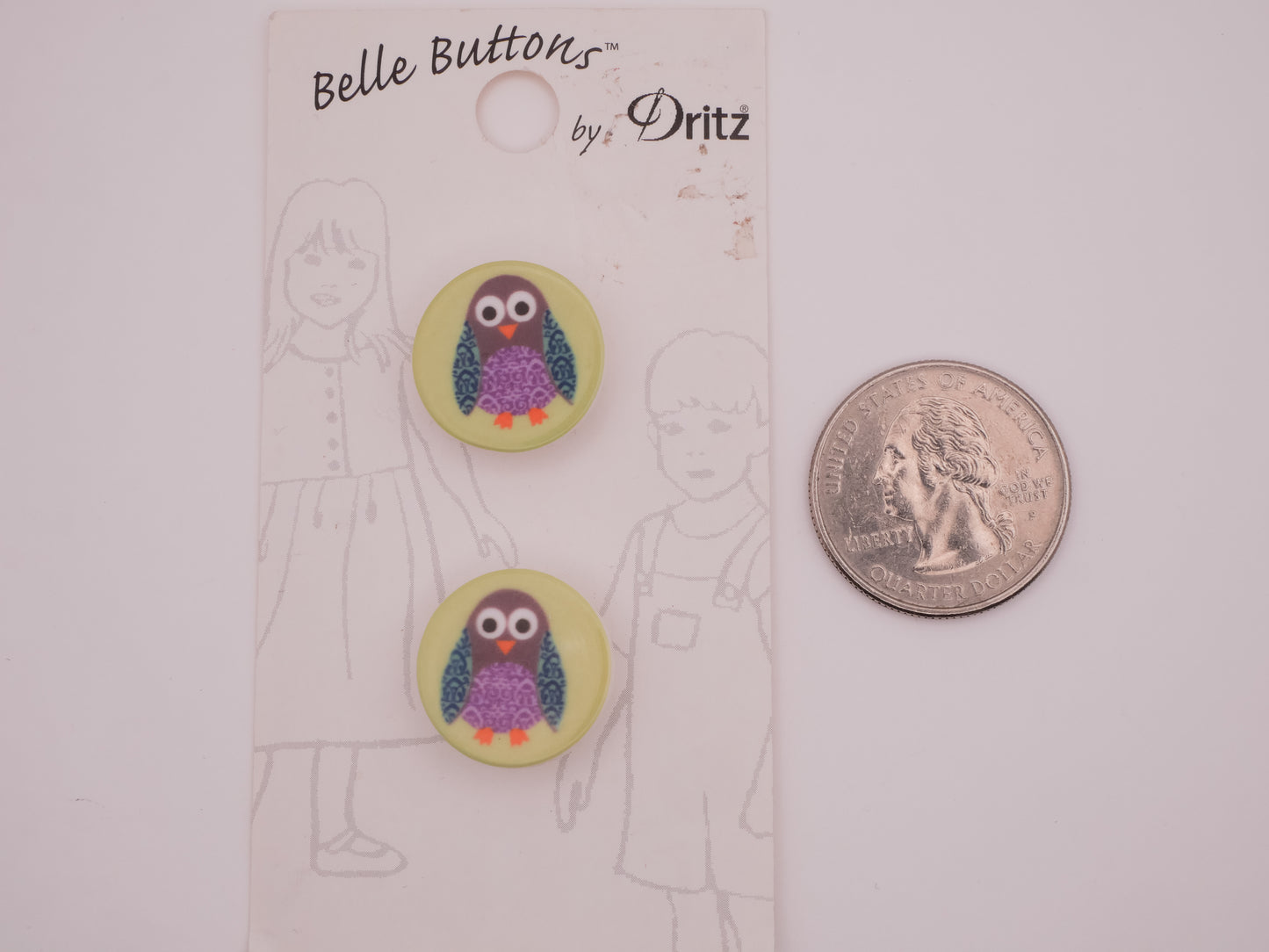 Owl Green Teal Purple Plastic Carded Pair of Buttons 18mm
