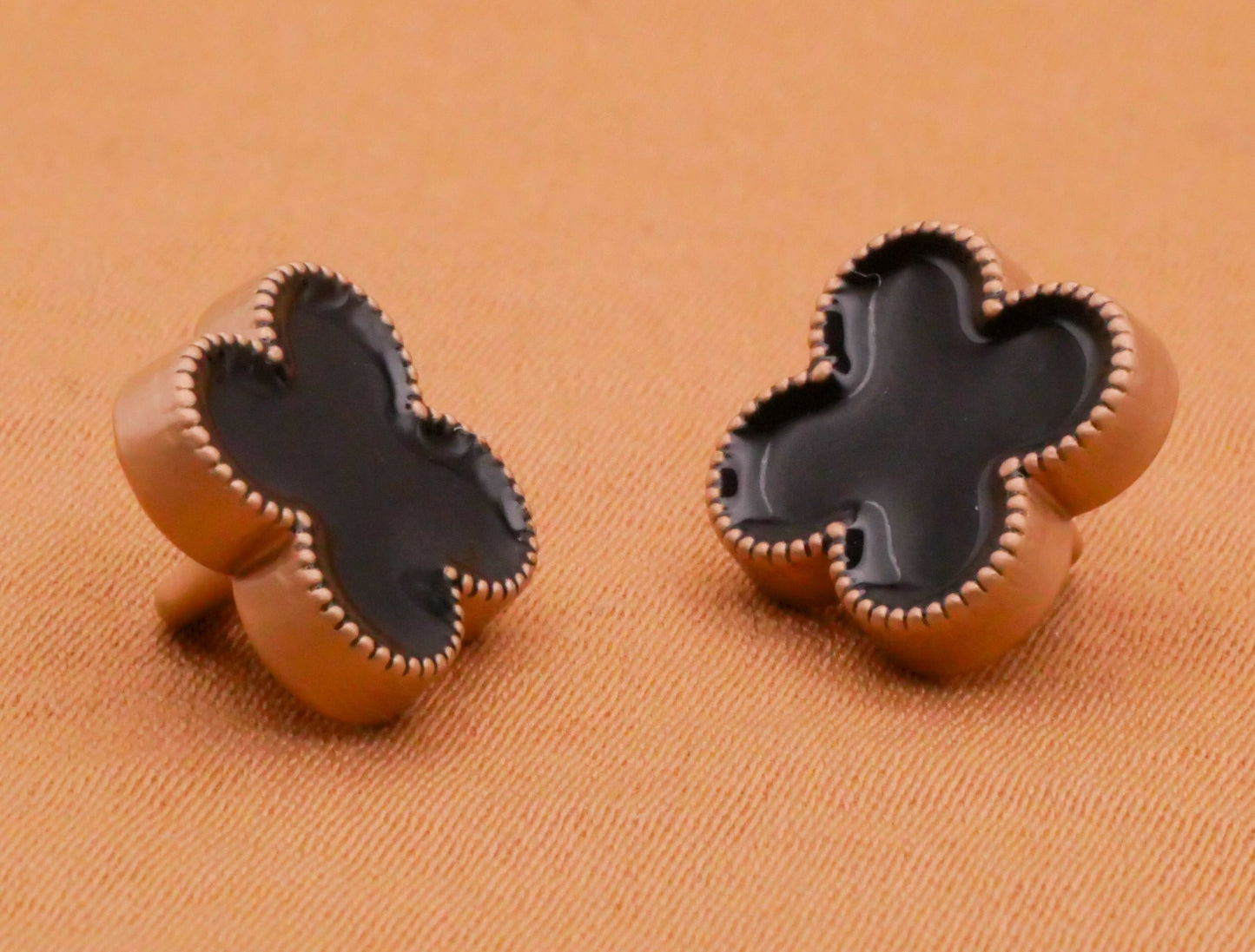 Clover Shape Black Enamel Champagne Metal Pair of Buttons 12mm