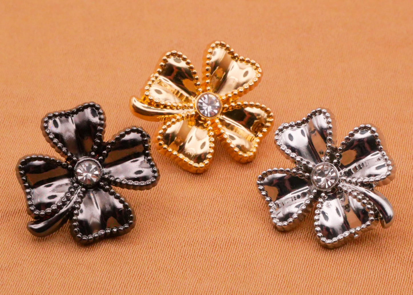 Shamrock Four-Leaf Clover Metal Rhinestone Button Various 16x17mm