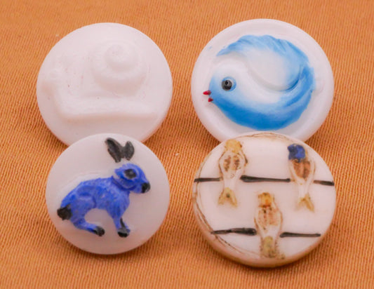 Animals Snail Bird Rabbit Vintage White Glass Button Various 11-13mm