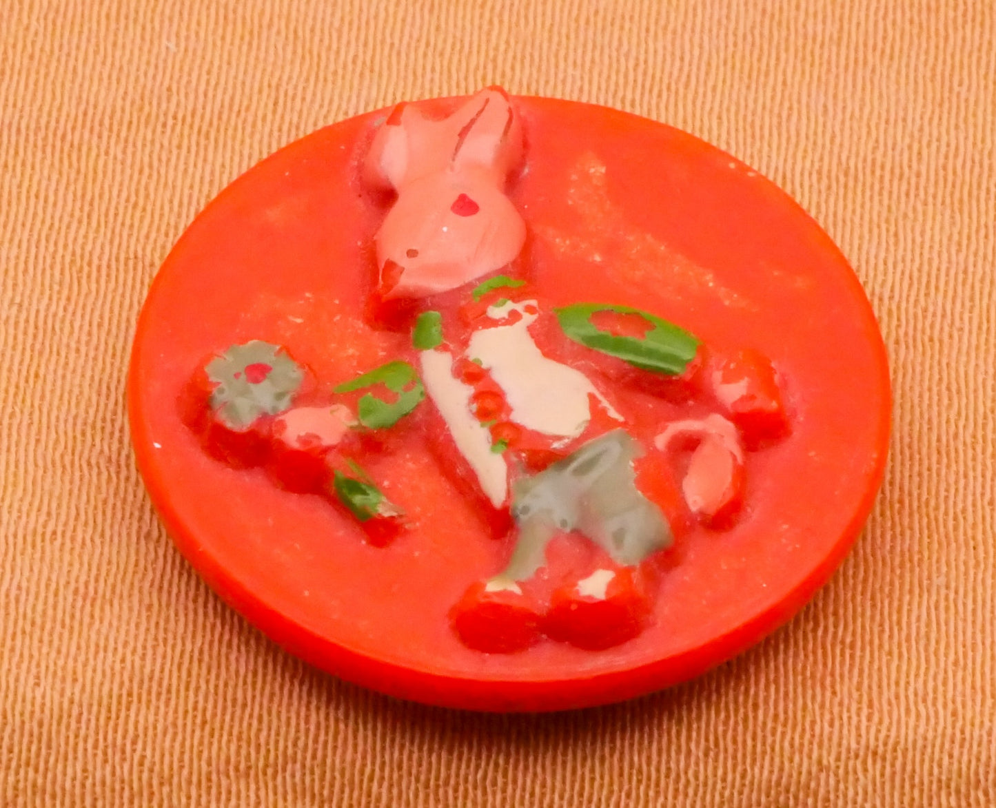 Bunny Rabbit Bouquet Orange Hand-Painted Plastic Button 21mm