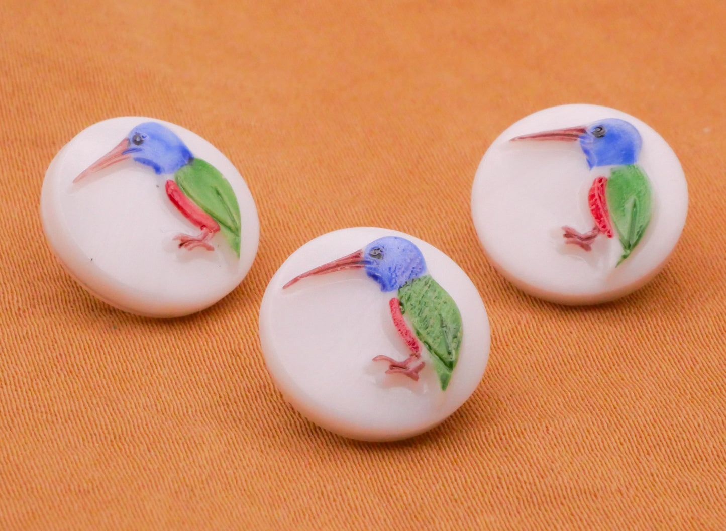 Hummingbird Bird Vintage Hand-Painted White Glass Button 14mm