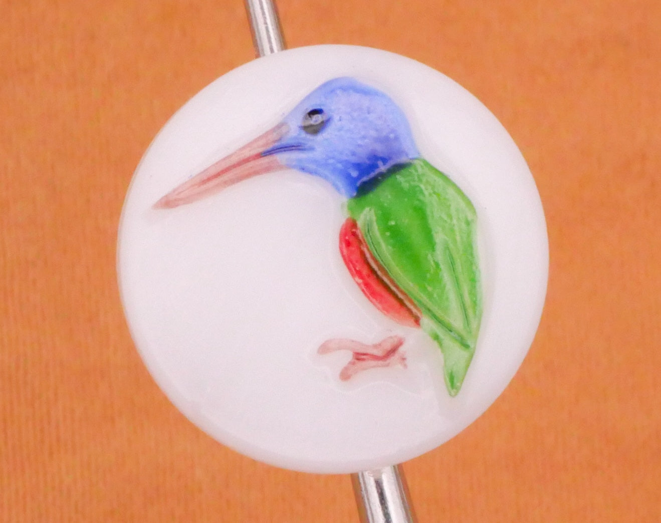 Hummingbird Bird Vintage Hand-Painted White Glass Button 14mm