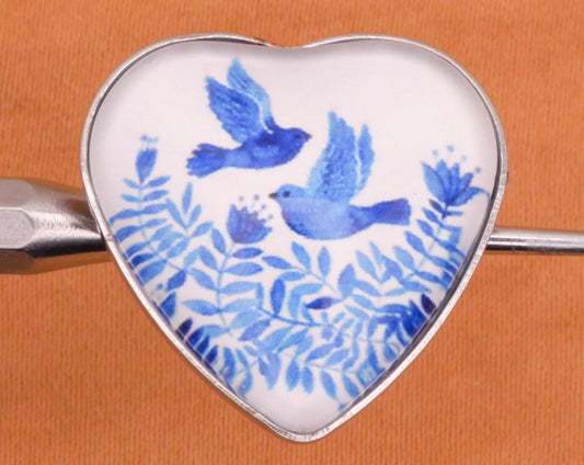 Birds Flowers Blue White Heart Plastic Silver Metal Button 21mm