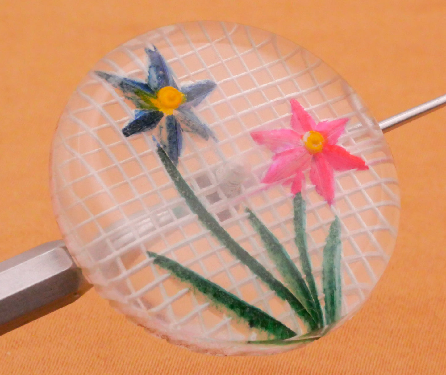 Flower Duo Hatch Design Intaglio Lucite Plastic Button 28mm