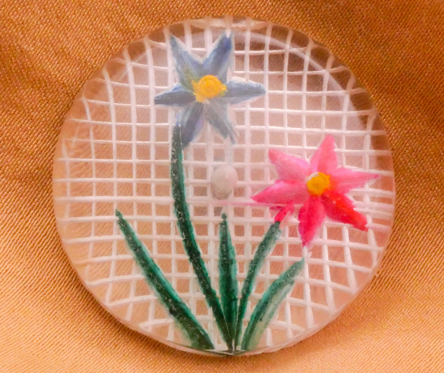 Flower Duo Hatch Design Intaglio Lucite Plastic Button 28mm