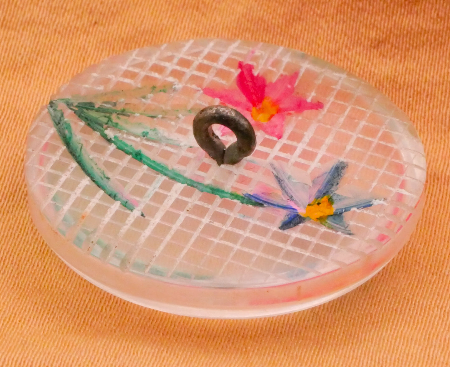 Flower Duo Hatch Design Intaglio Lucite Plastic Button 28mm