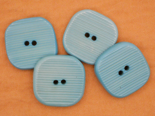 Teal Blue Green Ribbed Squarish Plastic Set of Four Buttons 24x25mm
