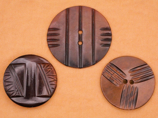 Tribal Carved Look Brown Celluloid Early Plastic Button Various 27-34mm